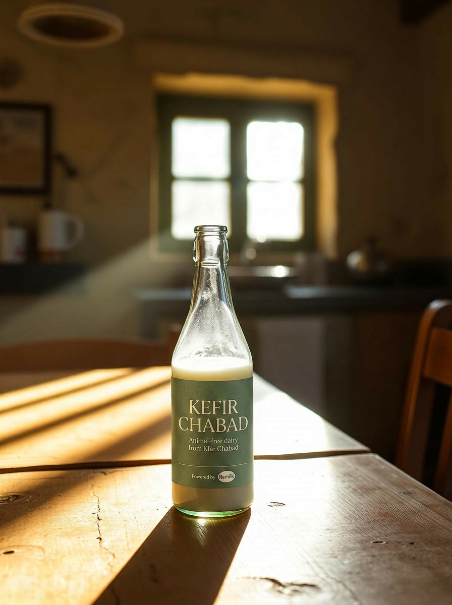 A glass bottle of fresh Kefir Chabad on a sunlit village table